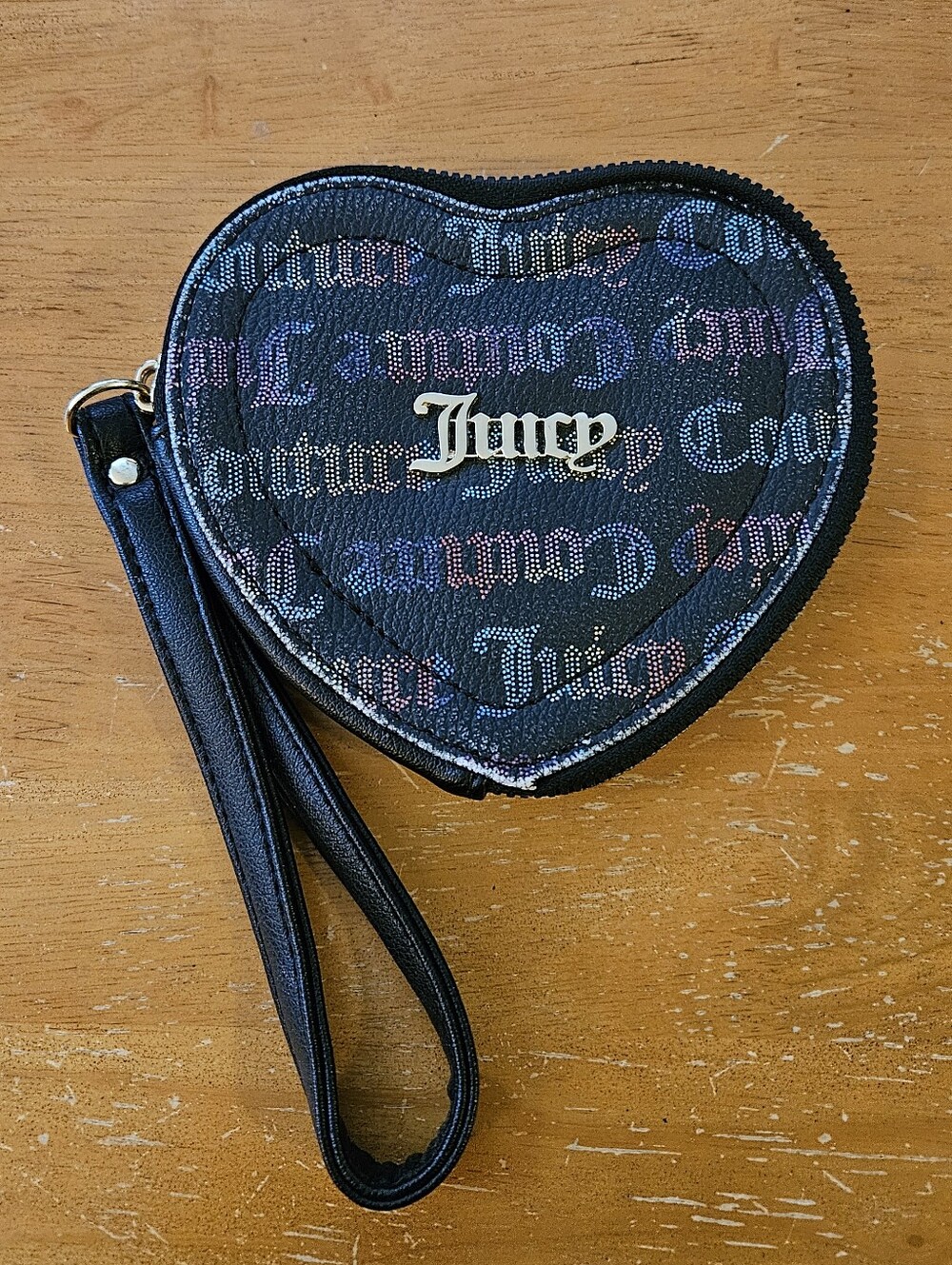 Vintage Juicy Couture Black Heart Wristlet with Iridescent Script